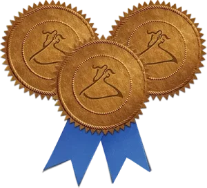 Three bronze award medals with blue ribbons, each featuring an embossed figure of a runner in motion.