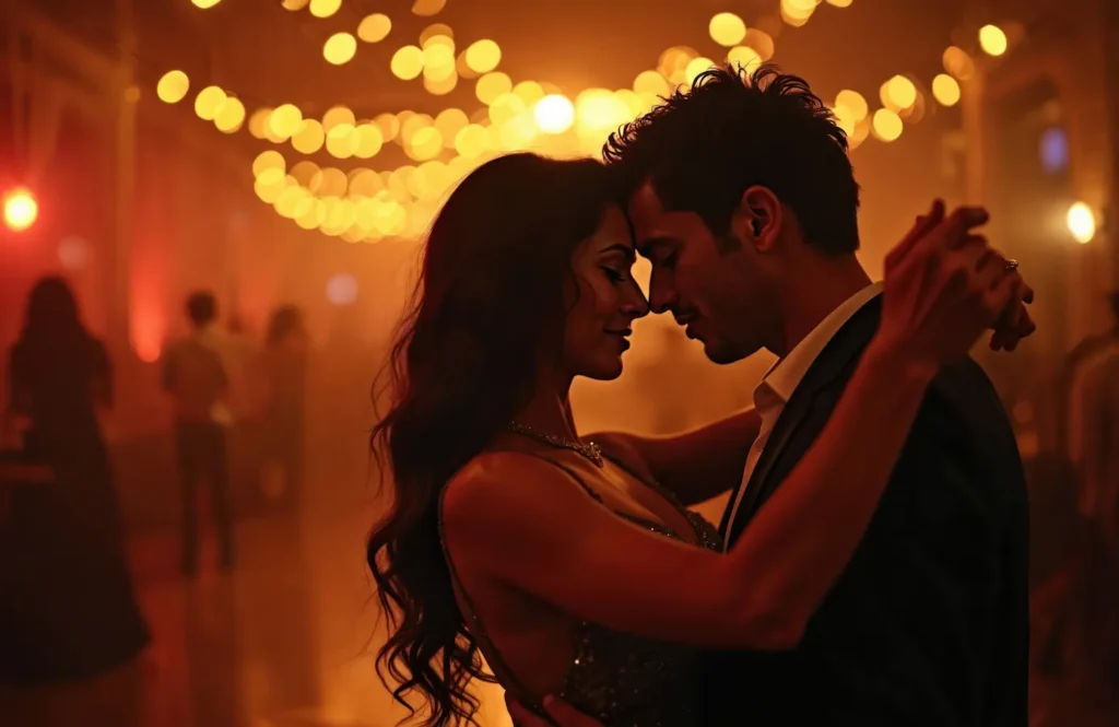 A couple dancing intimately with their foreheads touching, holding hands in a classic dance pose. The woman has long dark wavy hair and wears a sparkly dress with a necklace, while the man wears a dark suit with a white shirt. They are bathed in warm amber and red lighting with soft bokeh string lights glowing above them and blurred figures visible in the hazy background, creating a romantic, atmospheric scene.