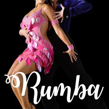 A couple performing the Rumba dance against a black background. The woman wears a vibrant pink Latin dance dress adorned with shimmering sequin-like disc embellishments and matching wrist cuffs, while the man is dressed in a dark blue shirt and black pants. Their bodies are closely intertwined in a classic ballroom dance pose, with the word "Rumba" written in elegant white script at the bottom of the image.