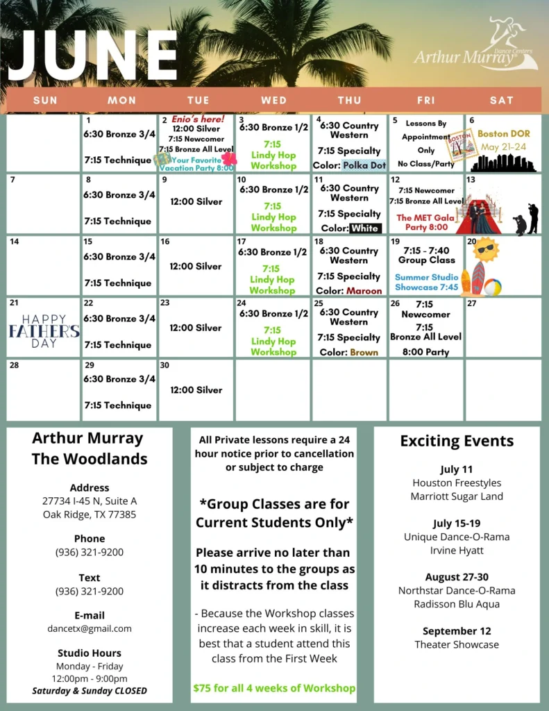 Ballroom dance lessons and group classes calendar in The Woodlands TX