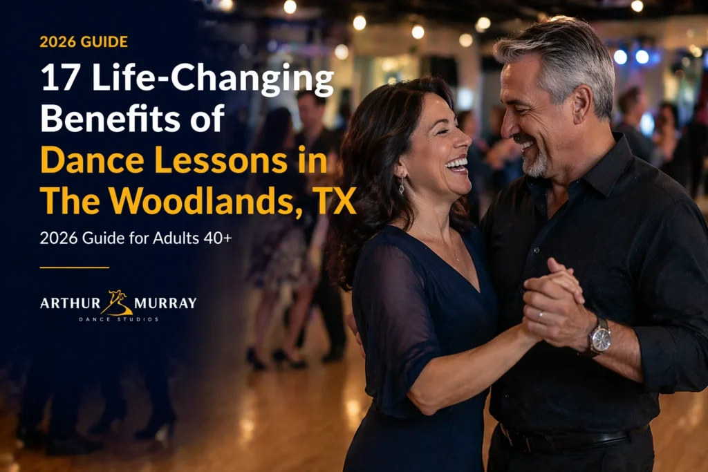 Couple in their 40s smiling and dancing together during a ballroom dance lesson in The Woodlands TX