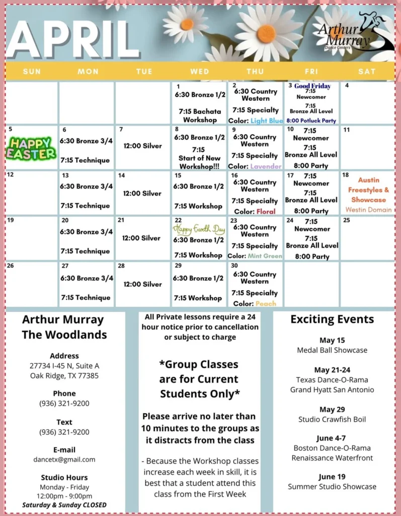 April 2026 Arthur Murray Dance Studio The Woodlands TX Calendar