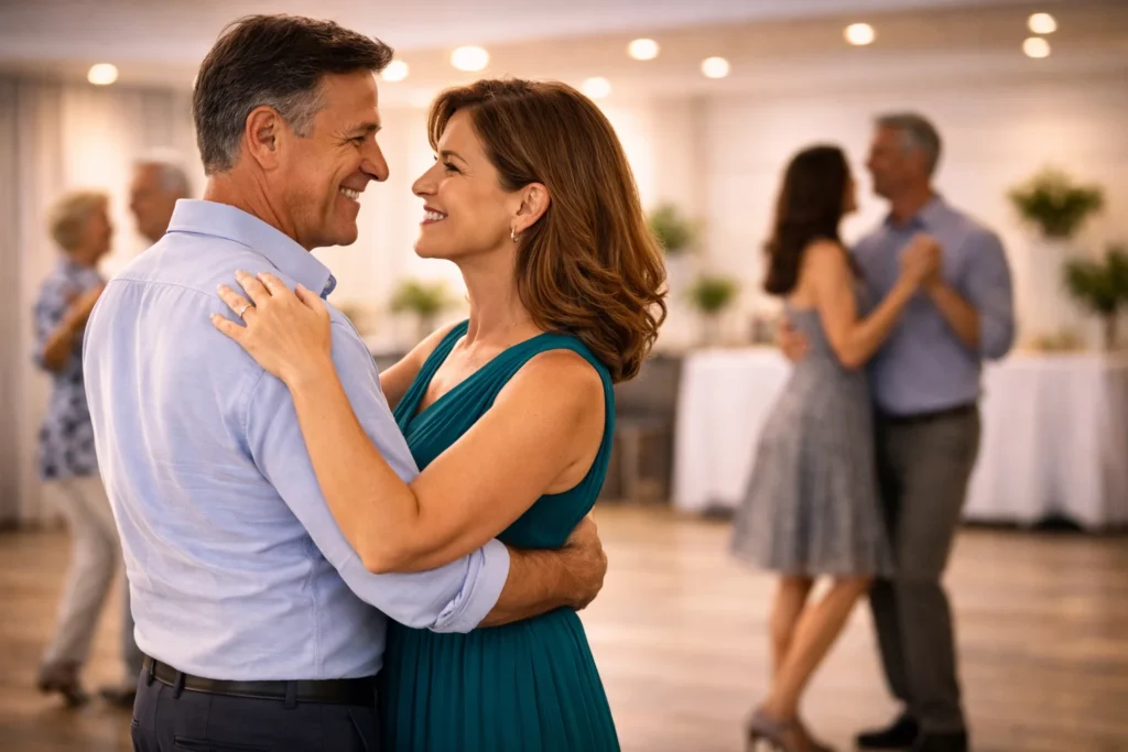 Ballroom dance lessons in The Woodlands TX for adults over 40 social dancing couple in studio
