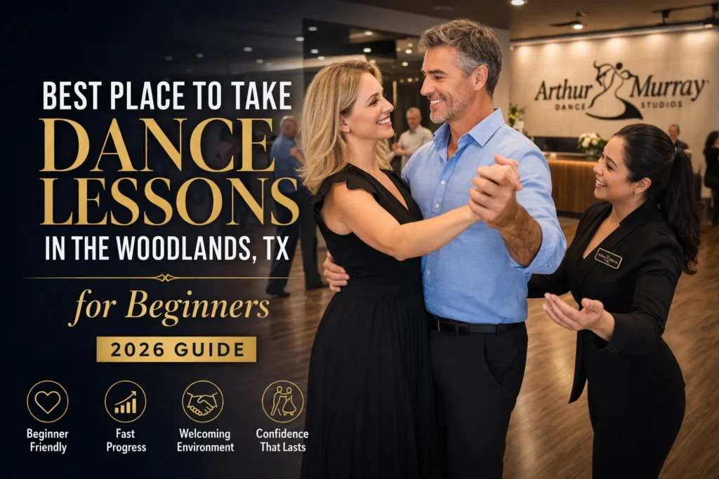 Couple in their 40s smiling during beginner dance lessons in The Woodlands, TX at Arthur Murray Dance Studio