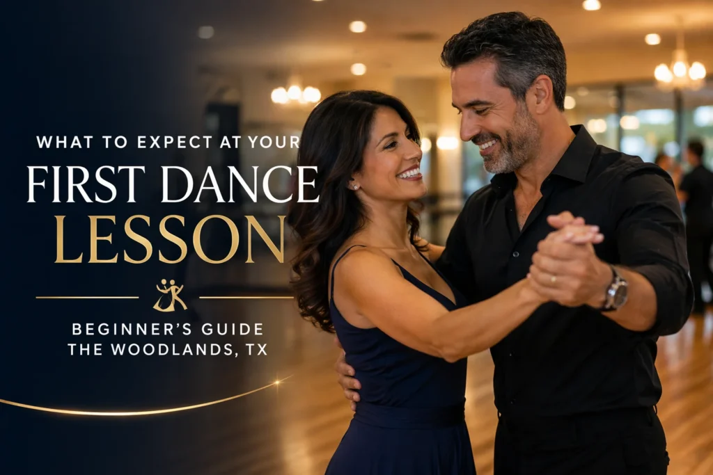Couple taking their first ballroom dance lesson in The Woodlands TX beginner dance studio