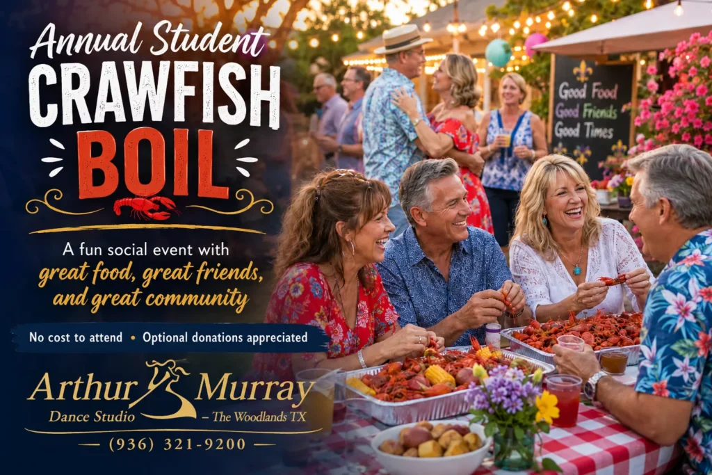 Annual Student Crawfish Boil social event at Arthur Murray Dance Studio - The Woodlands TX with students enjoying food, friendship, and community.