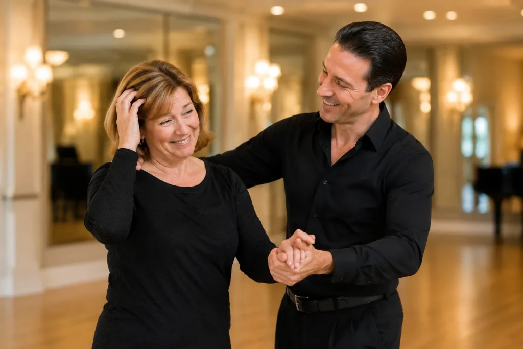 Nervous beginner feeling more comfortable during dance lessons in The Woodlands TX