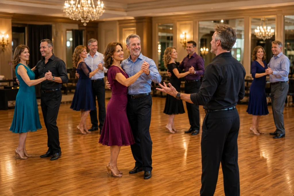 Adults learning in group dance classes in The Woodlands TX at Arthur Murray Dance Studio with couples practicing ballroom dancing