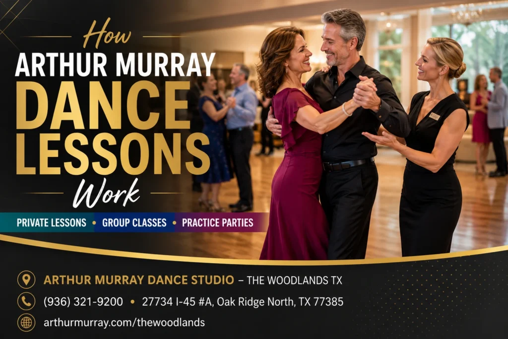 Adults taking Arthur Murray dance lessons in The Woodlands TX with an instructor explaining private lessons, group classes, and practice parties
