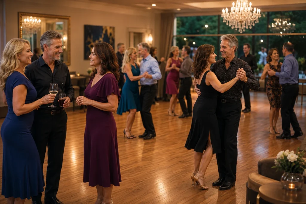 Adults enjoying practice parties and social dancing in The Woodlands TX at Arthur Murray Dance Studio