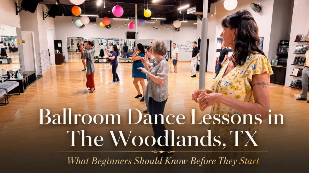 Beginner ballroom dance class at Arthur Murray Dance Studio in The Woodlands TX with students learning in a friendly studio setting.