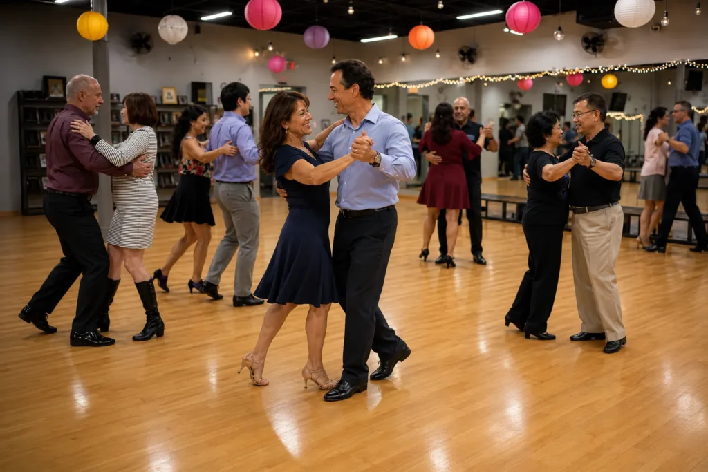 Students dancing at a practice party at Arthur Murray Dance Studio in The Woodlands, TX.