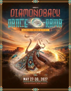 Flyer for Arthur Murray Diamond Back Dance-O-Rama. Icon has 2 dancers in native american themed. The event is to be held in Albuquerque, New Mexico from May 27-30, 2027