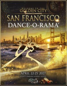 San Francisco Dance-O-Rama event poster: "Welcome to the Golden City" with a golden dancing couple silhouette in front of the Golden Gate Bridge