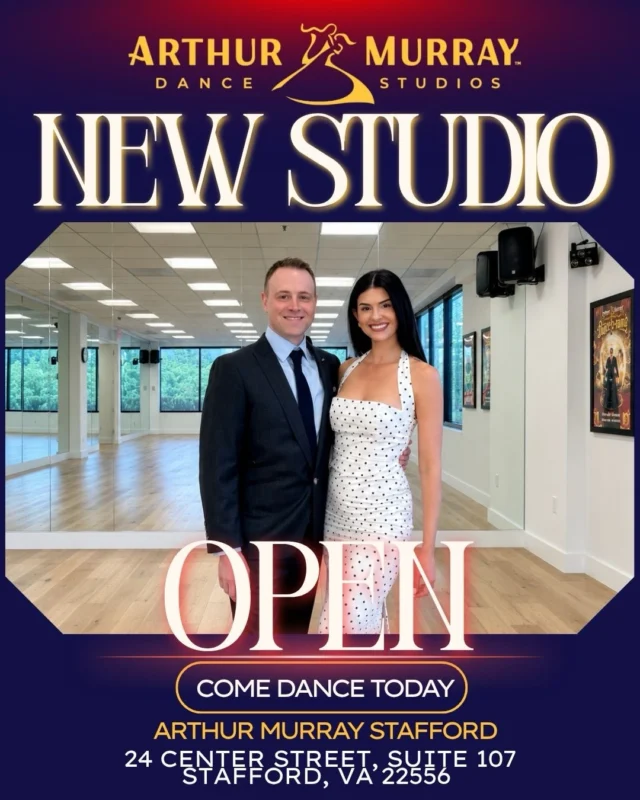 Let’s give a huge congratulations to Jennifer and Philip on their new beautiful Arthur Murray Dance Studio location in Stafford, Virginia! We’re excited to see them continue inspiring students and bringing the joy of dance to the East Coast💃🏻 🪩 🕺🏻We wish them continued success! 🎉#ArthurMurray #ArthurMurrayLifestyle #DanceStudio
#Stafford #Virginia